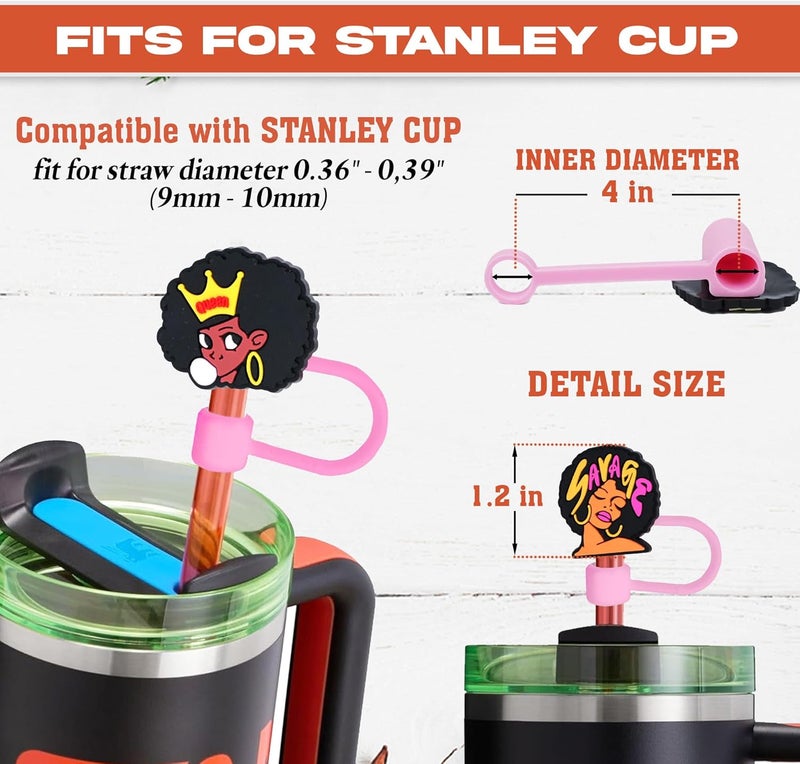 TSIMPLE Black Girl Straw Cover Compatible with Stanley Tumbler - 5PCS Silicone Straw Cover and 1PCS Cute Keychain Tumbler Accessories - Black Girl Gifts, Accessories Decorations - Image 2